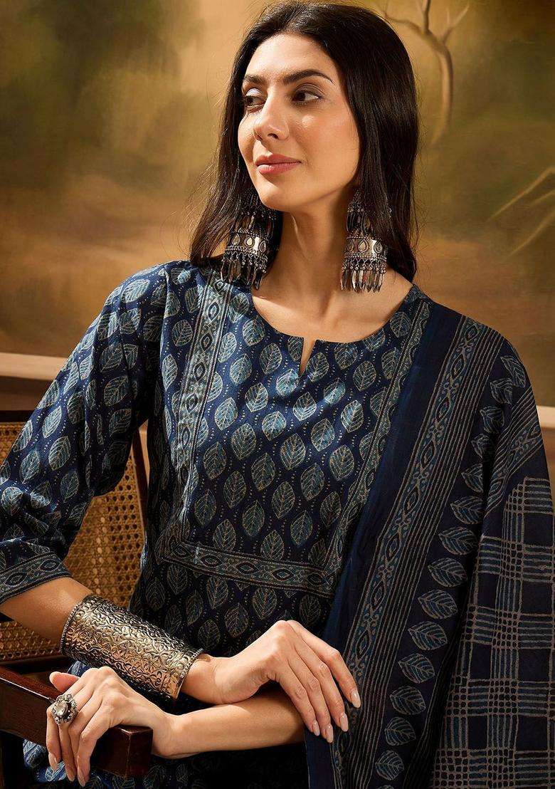 Navy Blue Printed Cotton Kurta Set - Indya