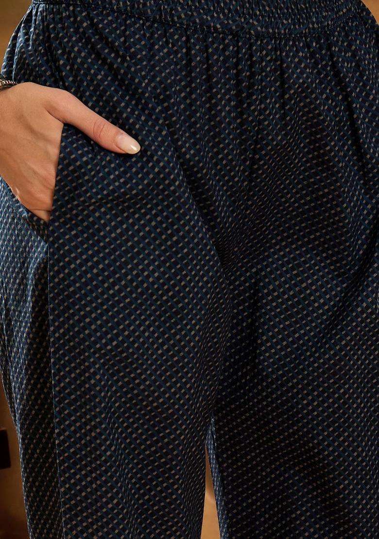 Navy Blue Printed Cotton Kurta Set - Indya