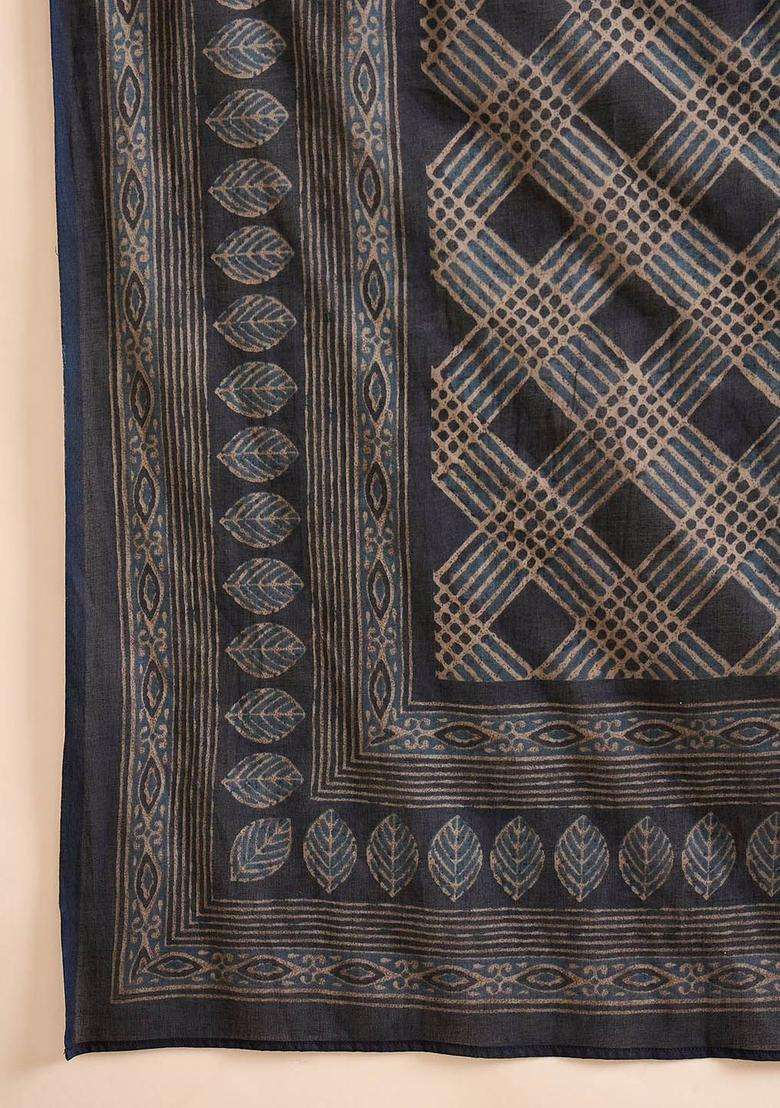 Navy Blue Printed Cotton Kurta Set - Indya