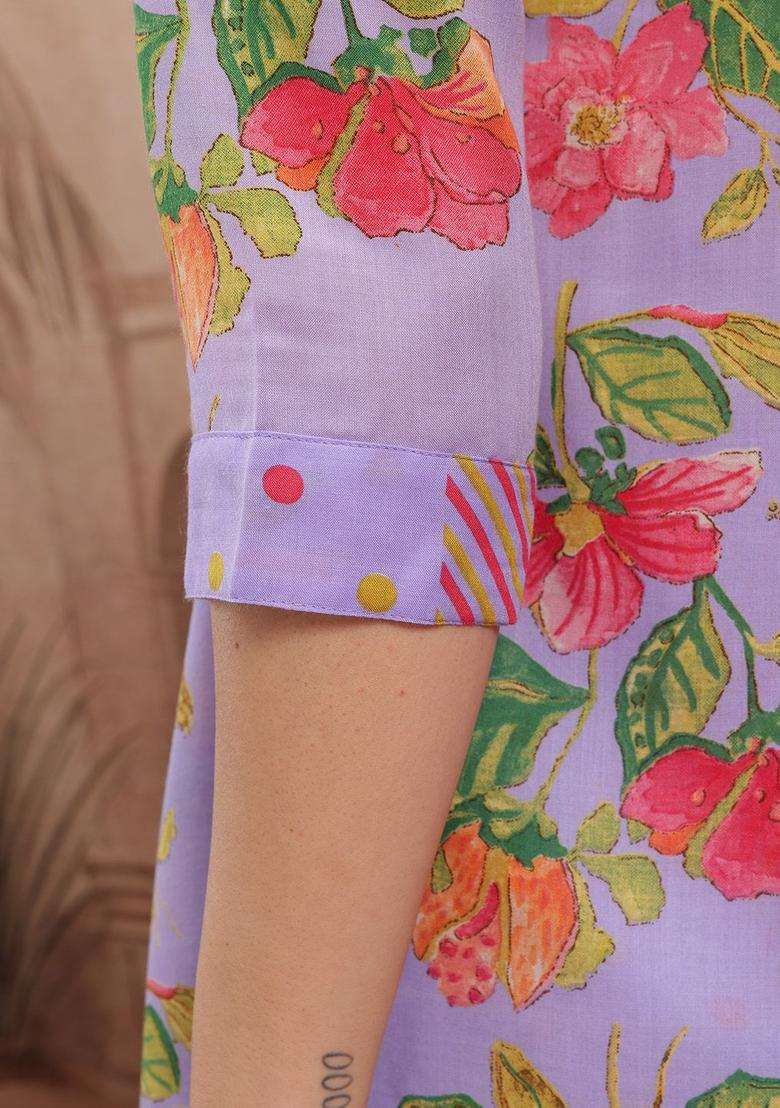 Purple Printed Polyester Kurta Set - Indya