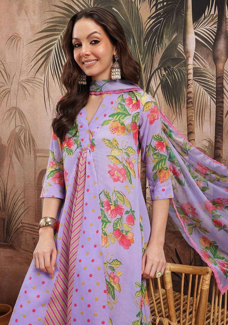 Purple Printed Polyester Kurta Set - Indya