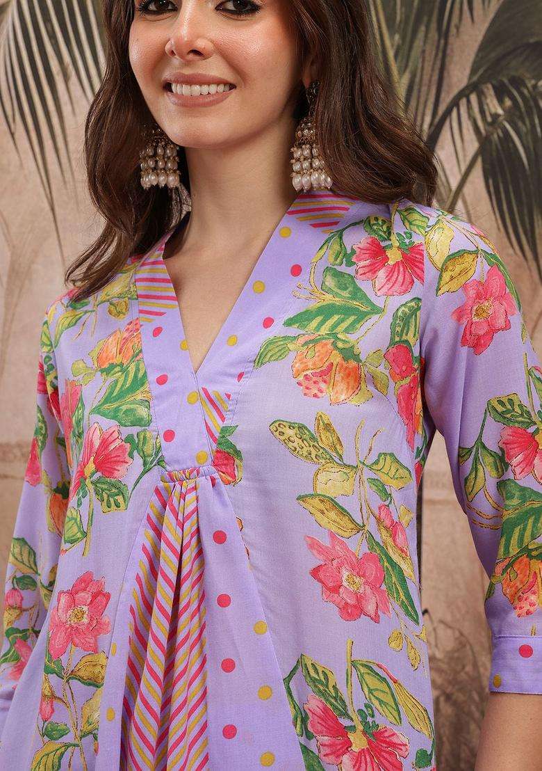 Purple Printed Polyester Kurta Set - Indya