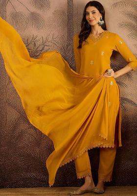 Yellow Embroidered Georgette Kurta Set