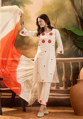 Beige Embroidered Cotton Kurta Set