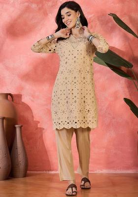 Beige Self Design Cotton Kurta Set