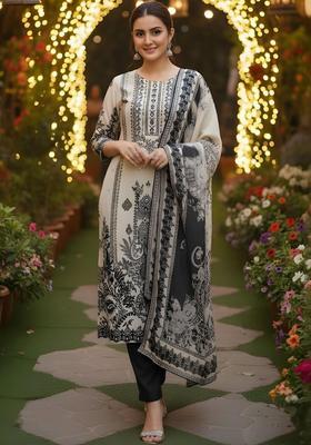 Off White Printed Silk Blend Kurta Set