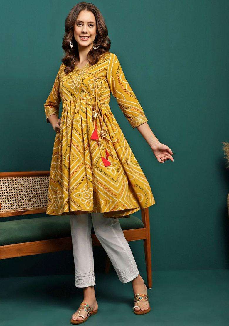 Mustard Printed Cotton Anarkali Set - Indya