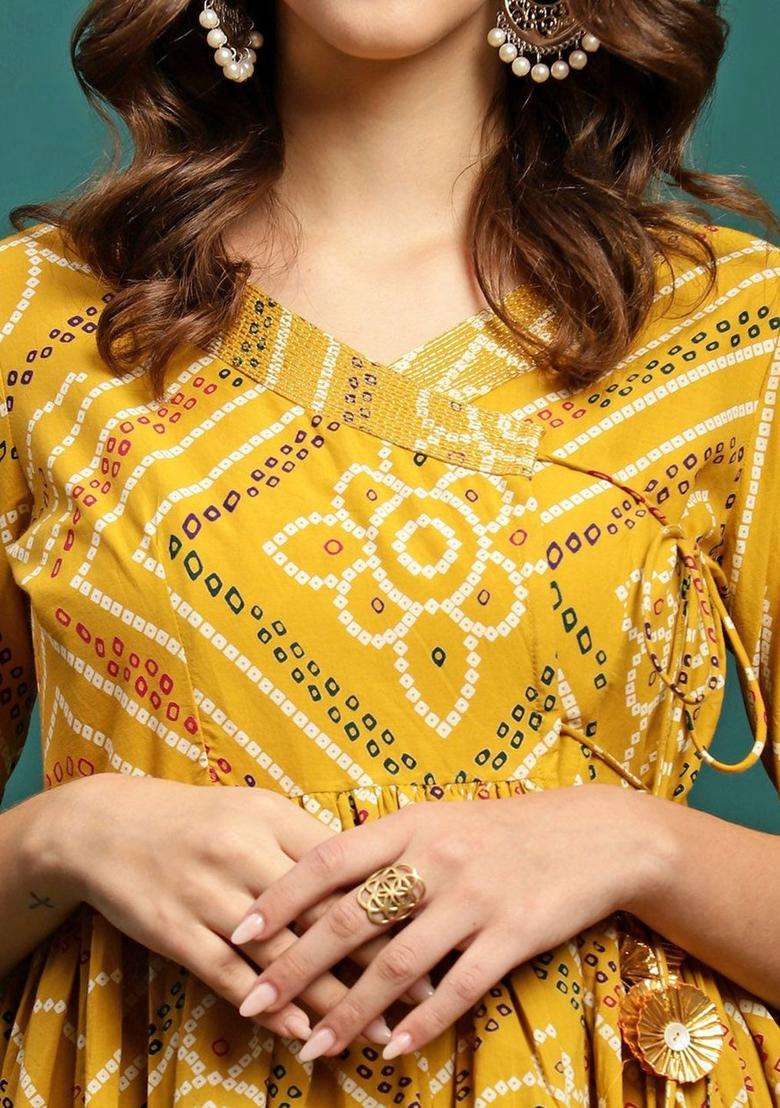 Mustard Printed Cotton Anarkali Set - Indya