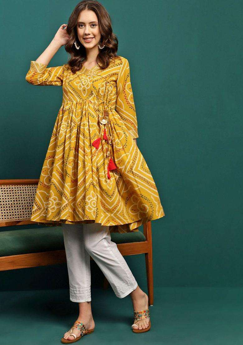 Mustard Printed Cotton Anarkali Set - Indya