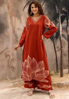 Rust Printed Viscose Kurta Set