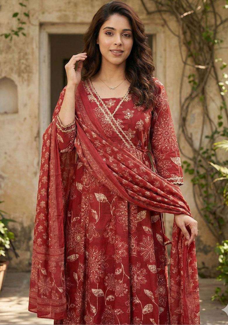 Red Printed Cotton Kurta Set - Indya