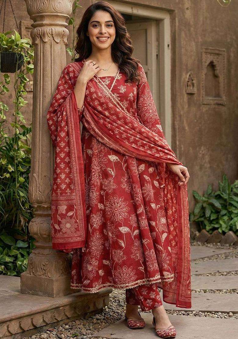 Red Printed Cotton Kurta Set - Indya