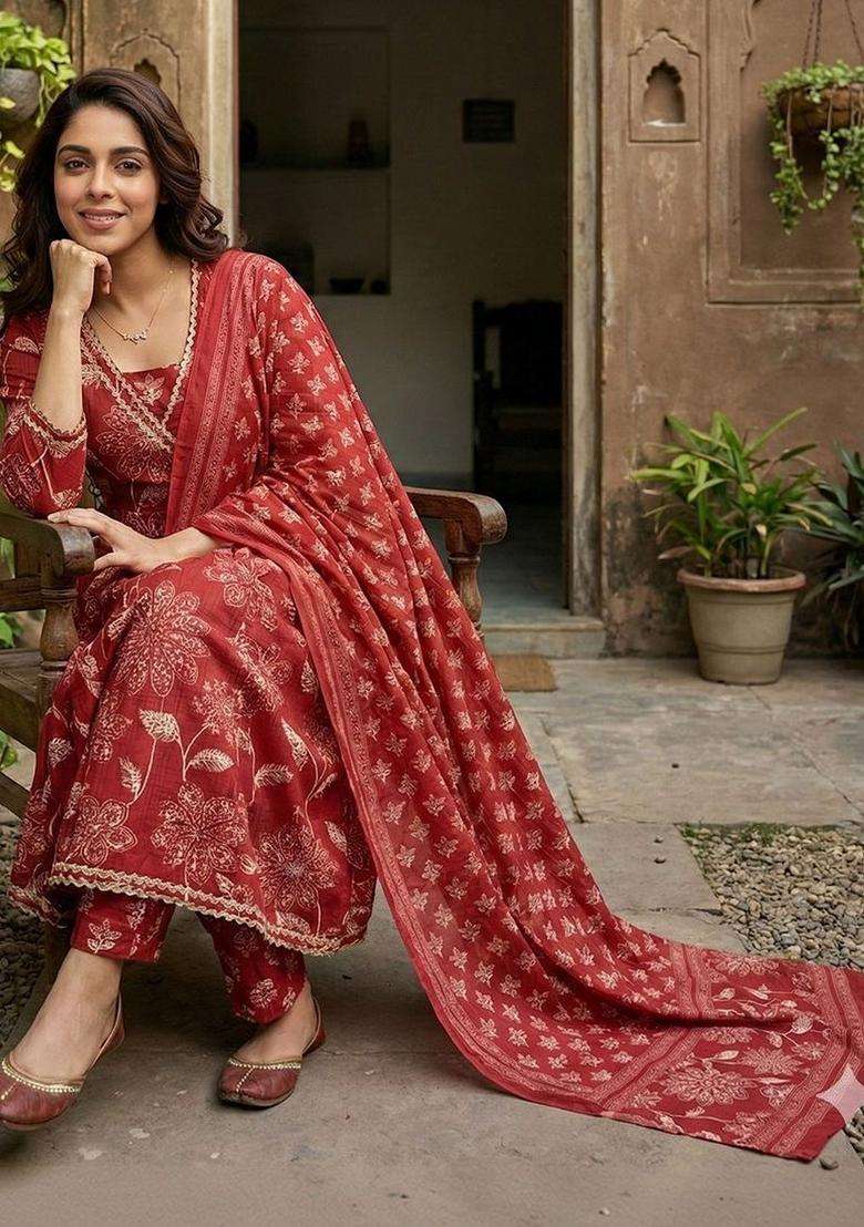 Red Printed Cotton Kurta Set - Indya