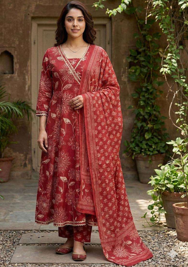 Red Printed Cotton Kurta Set - Indya