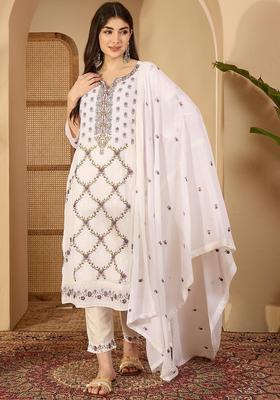 Off White Embroidered Georgette Kurta Set