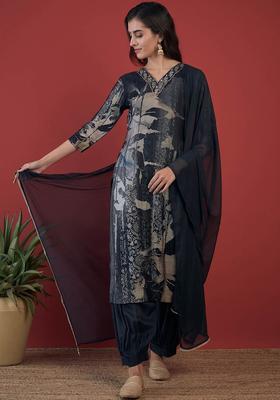 Grey Printed Silk Kurta Set