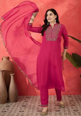 Pink Embroidered Georgette Kurta Set