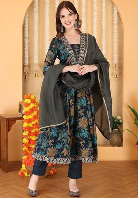 Navy Blue Printed Silk Blend Kurta Set