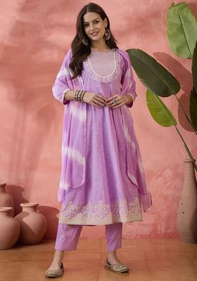 Lavender Embroidered Viscose Kurta Set