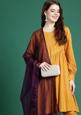 Mustard Embroidered Viscose Kurta Set