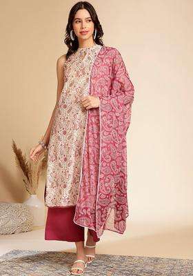 Magenta Printed Chanderi Kurta Set