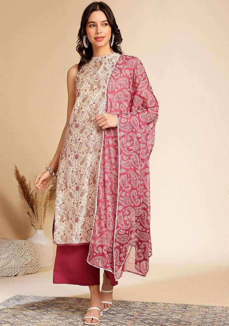 Magenta Printed Chanderi Kurta Set - Indya