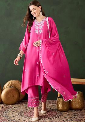 Pink Embroidered Polyester Kurta Set