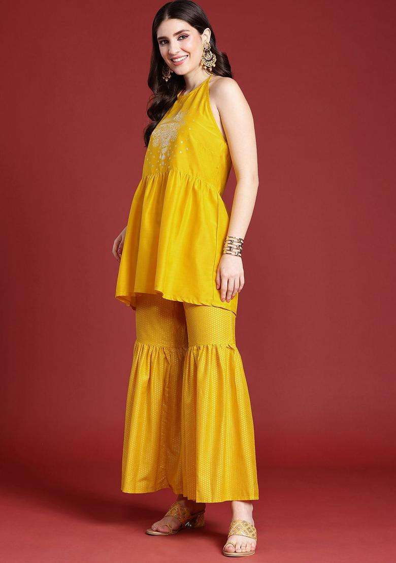 Yellow Printed Polyester Kurta Set - Indya