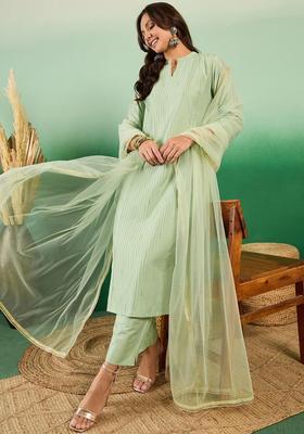 Green Self Design Cotton Kurta Set