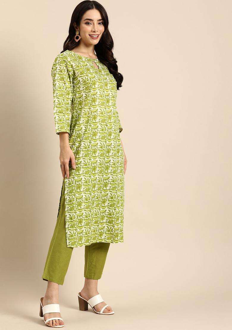 Green Dyed Cotton Kurta Set - Indya