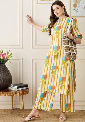 Beige Printed Cotton Kurta Set