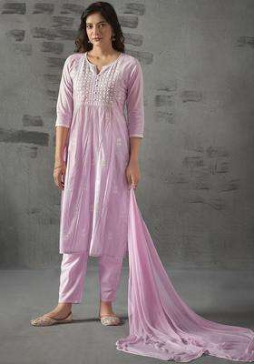 Lavender Embroidered Cotton Kurta Set