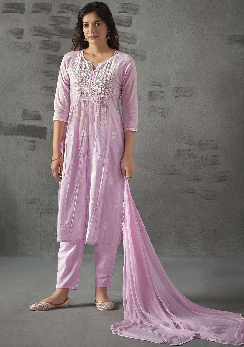Lavender Embroidered Cotton Kurta Set - Indya