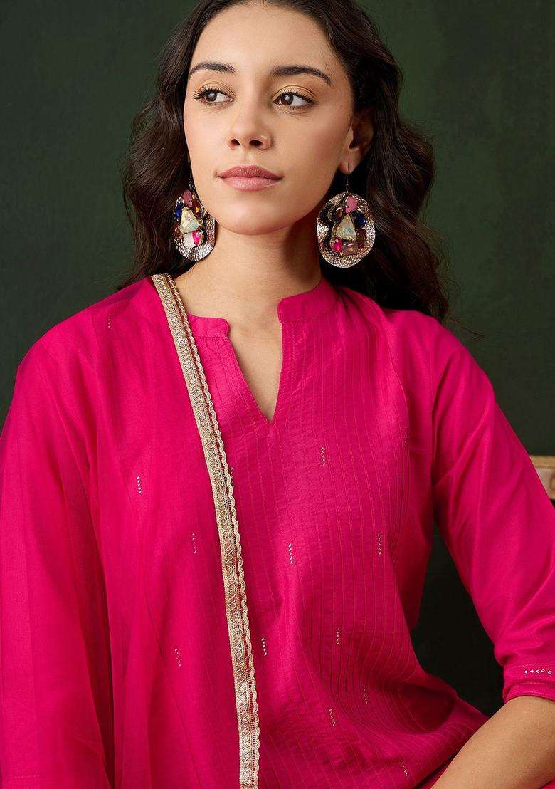 Fuchsia Solid Cotton Kurta Set - Indya