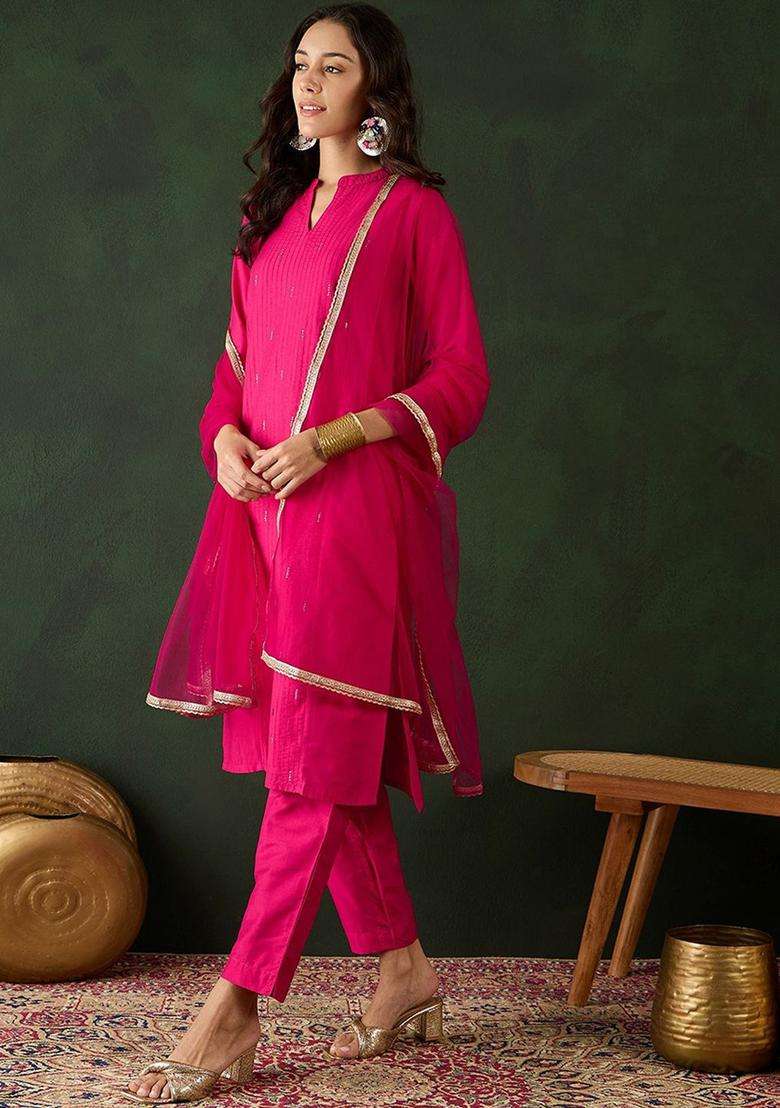 Fuchsia Solid Cotton Kurta Set - Indya