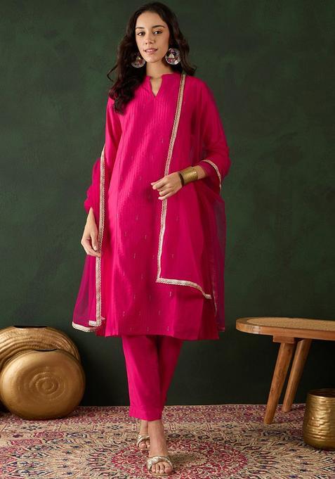 Fuchsia Solid Cotton Kurta Set — view on Indya