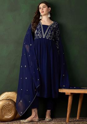 Navy Blue Embroidered Georgette Kurta Set