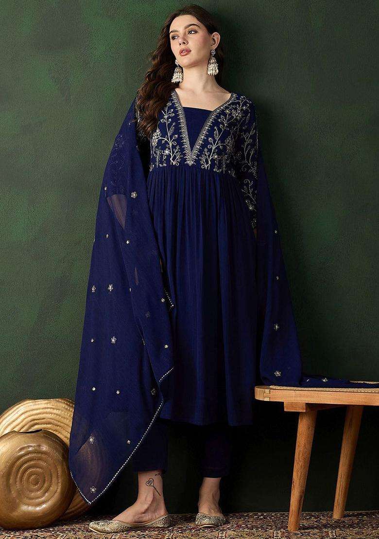 Navy Blue Embroidered Georgette Kurta Set - Indya