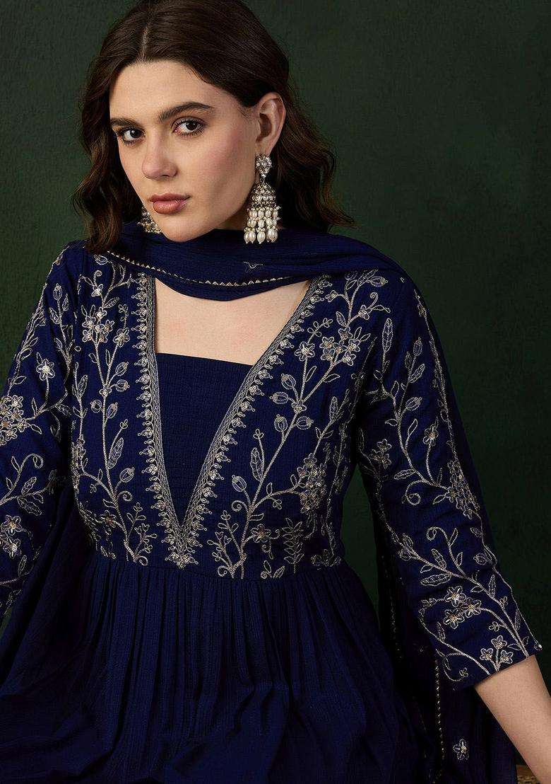 Navy Blue Embroidered Georgette Kurta Set - Indya