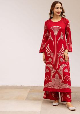 Red Printed Viscose Kurta Set
