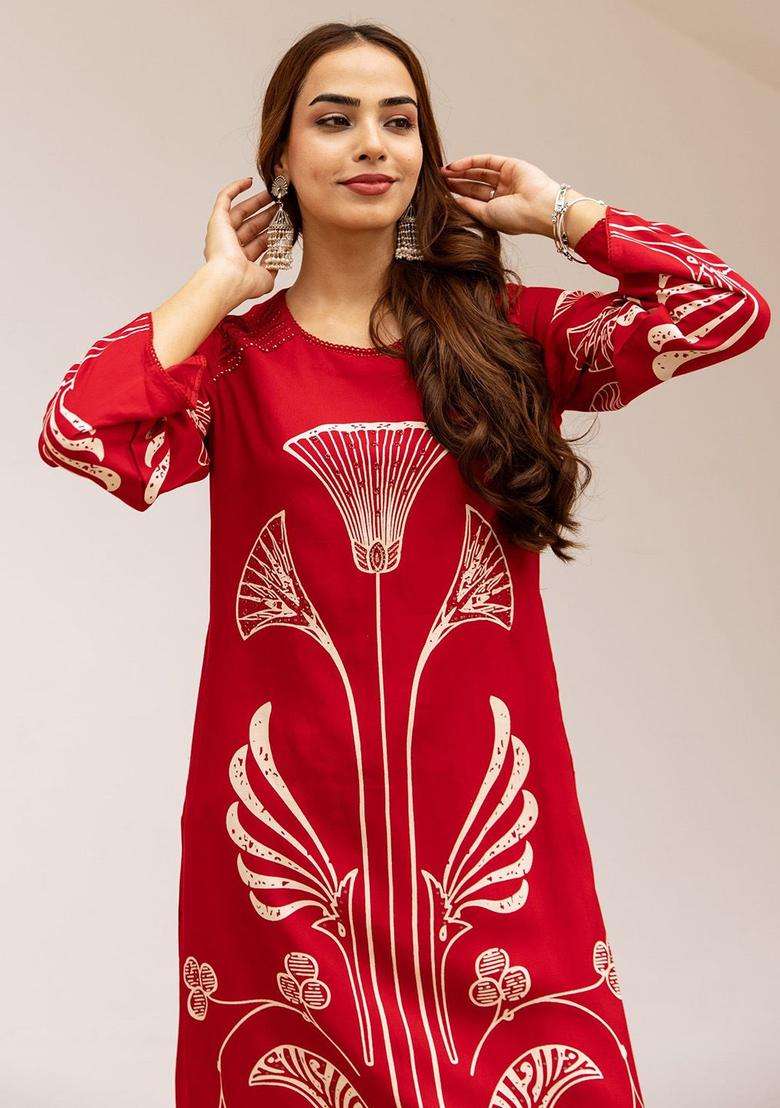 Red Printed Viscose Kurta Set - Indya