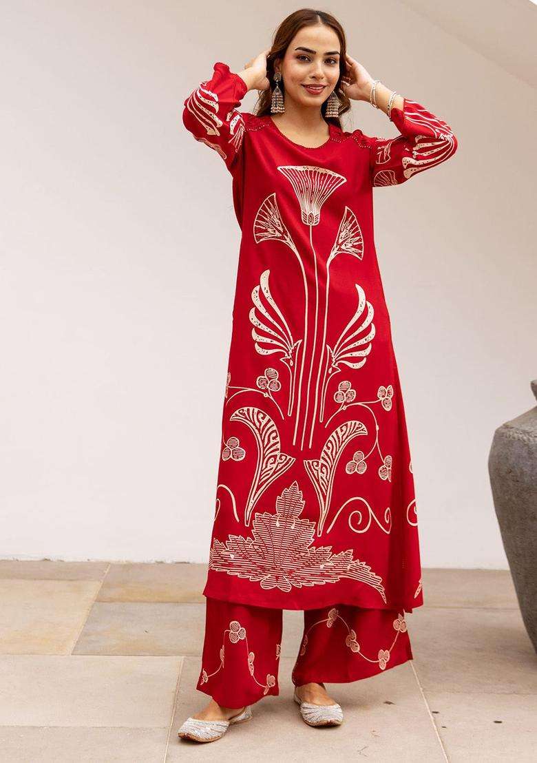 Red Printed Viscose Kurta Set - Indya