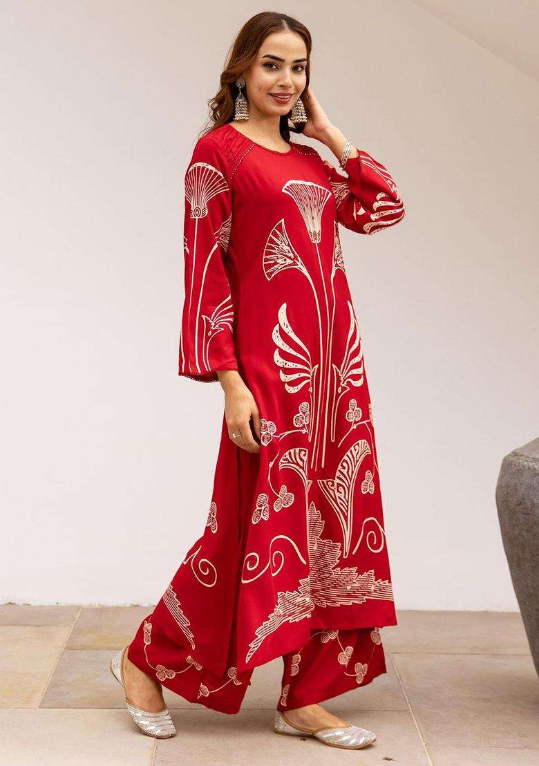 Red Printed Viscose Kurta Set - Indya