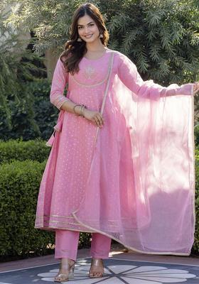 Pink Embroidered Silk Anarkali Set