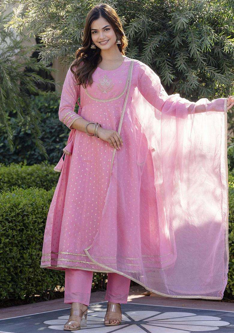 Pink Embroidered Silk Anarkali Set - Indya