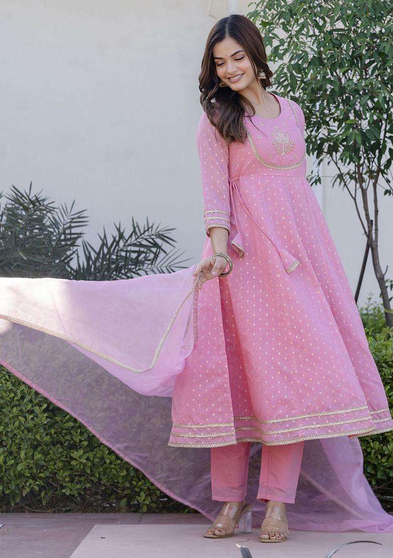 Pink Embroidered Silk Anarkali Set - Indya
