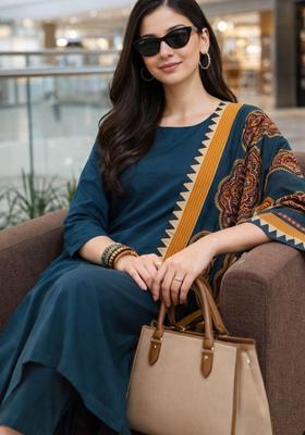 Teal Solid Cotton Kurta Set