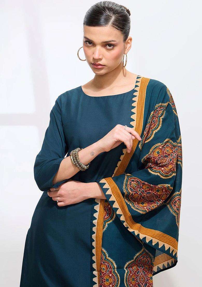 Teal Solid Cotton Kurta Set - Indya