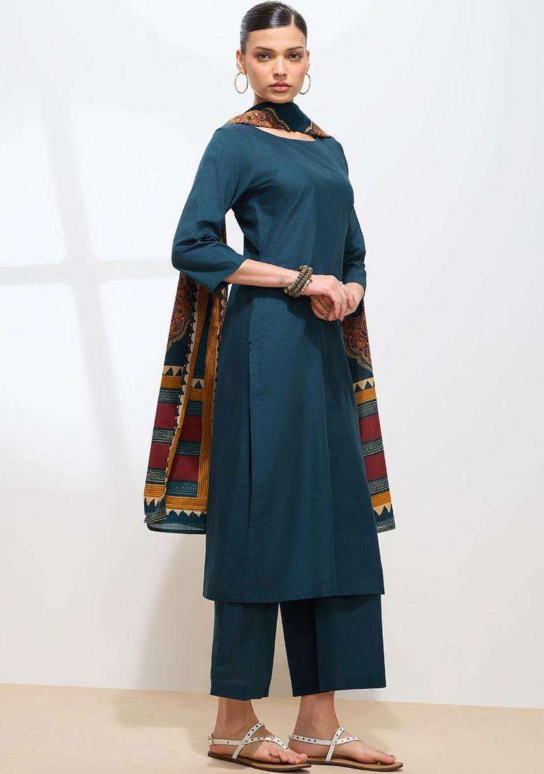 Teal Solid Cotton Kurta Set - Indya