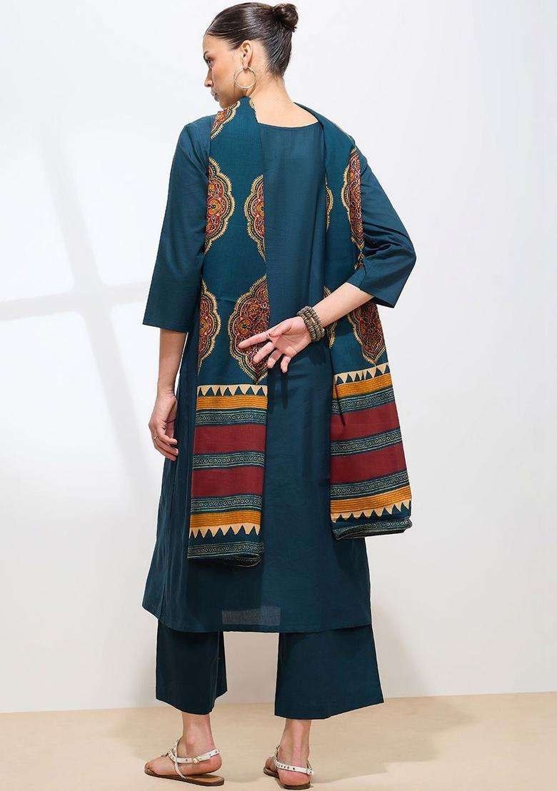 Teal Solid Cotton Kurta Set - Indya